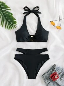 露脊開叉騎士背比基尼套裝，夏日沙灘必備 - 黑色 - 查看 7