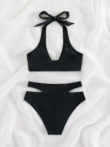 露脊開叉騎士背比基尼套裝，夏日沙灘必備 - 黑色 - 查看 6