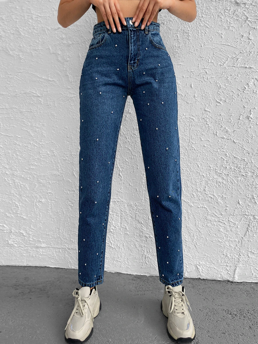 RueChic Rhinestone Deocr Mom Fit Jeans - Blue - View 1