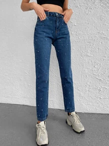 RueChic Rhinestone Deocr Mom Fit Jeans - Blue - View 4