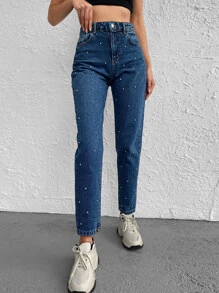 RueChic Rhinestone Deocr Mom Fit Jeans - Blue - View 5