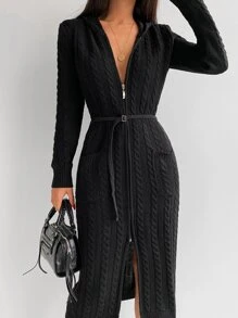 EURMUSE 雙口袋麻花編織連帽開襟衫 - 黑色 - 查看 1