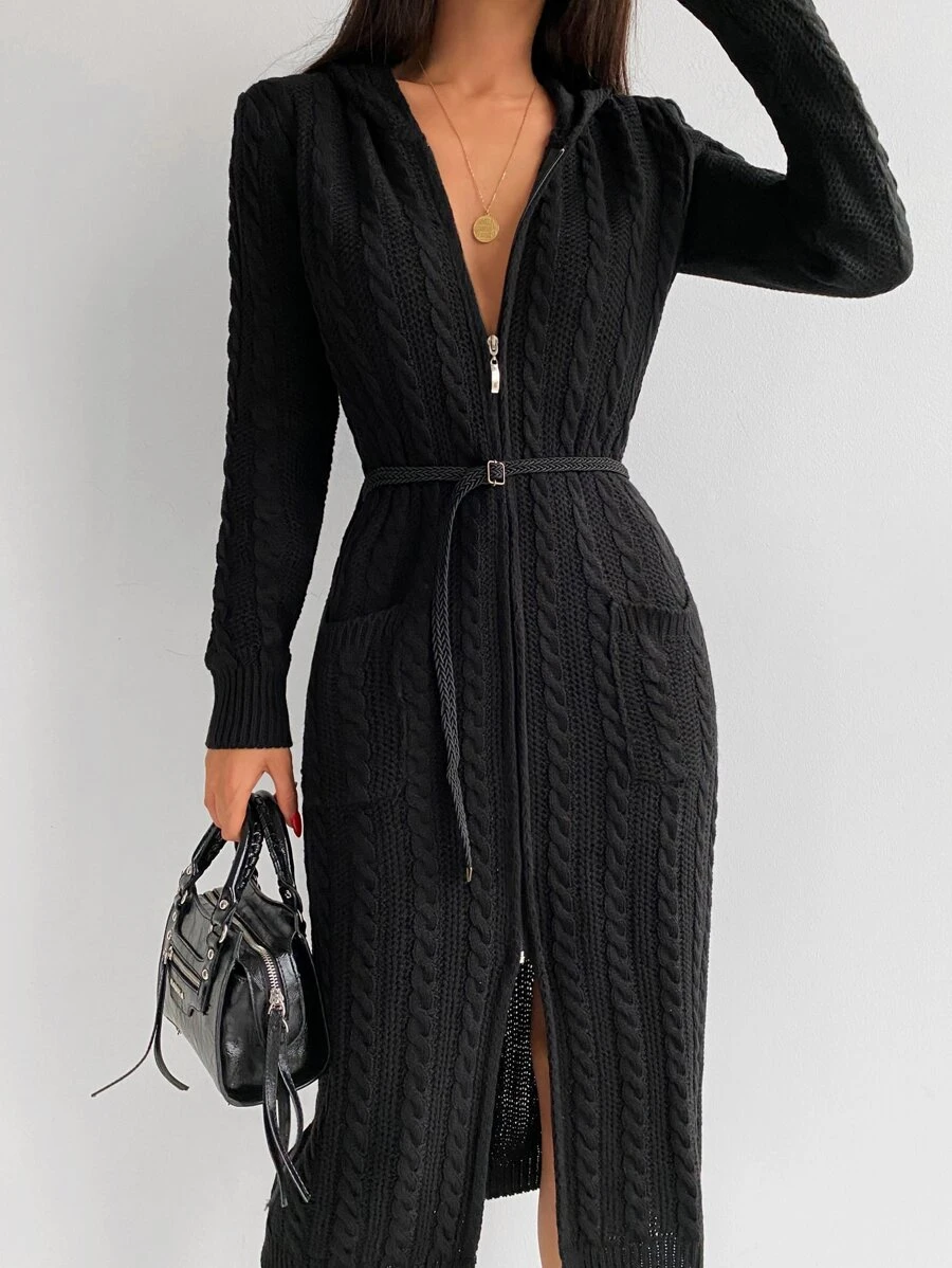 EURMUSE 雙口袋麻花編織連帽開襟衫 - 黑色 - 查看 1