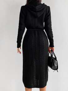 EURMUSE 雙口袋麻花編織連帽開襟衫 - 黑色 - 查看 2