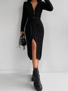 EURMUSE 雙口袋麻花編織連帽開襟衫 - 黑色 - 查看 3