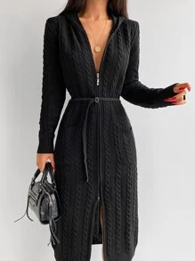 EURMUSE 雙口袋麻花編織連帽開襟衫 - 黑色 - 查看 4