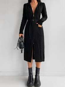 EURMUSE 雙口袋麻花編織連帽開襟衫 - 黑色 - 查看 5