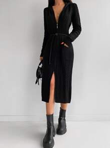 EURMUSE 雙口袋麻花編織連帽開襟衫 - 黑色 - 查看 6