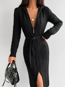 EURMUSE 雙口袋麻花編織連帽開襟衫 - 黑色 - 查看 7