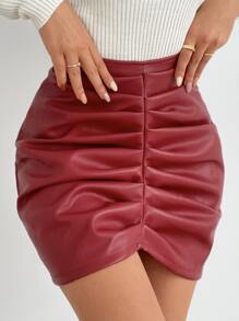 EURMUSE Ruched PU Bodycon Skirt - Red - View 1