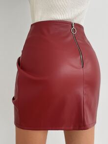 EURMUSE Ruched PU Bodycon Skirt - Red - View 2