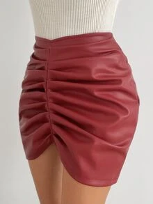 EURMUSE Ruched PU Bodycon Skirt - Red - View 3