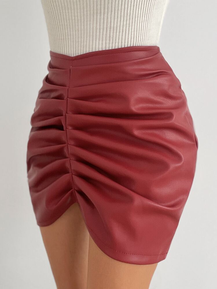 EURMUSE Ruched PU Bodycon Skirt - Red - View 3
