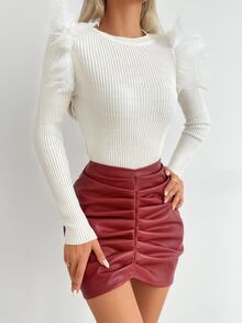 EURMUSE Ruched PU Bodycon Skirt - Red - View 4