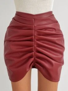 EURMUSE Ruched PU Bodycon Skirt - Red - View 5