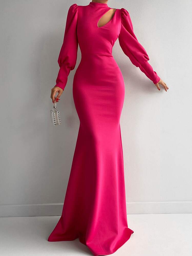 Cut Out Gigot Sleeve Mermaid Hem Prom Dress - Hot Pink - View 1