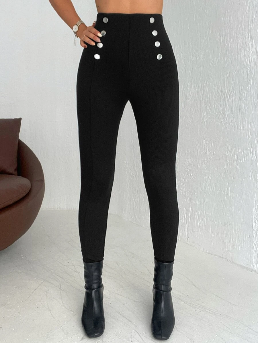 RueChic Button Detail High Waist Leggings - Black - View 1