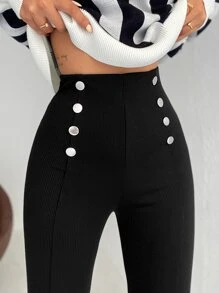 RueChic Button Detail High Waist Leggings - Black - View 3