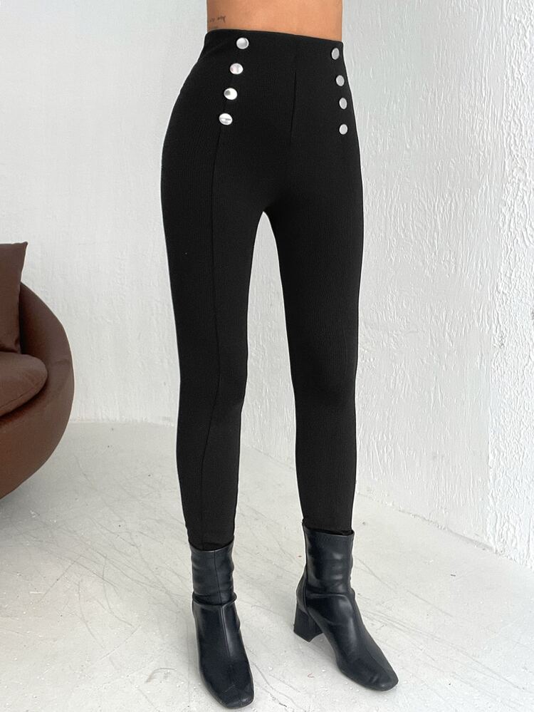 RueChic Leggings con diseño de botón de talle alto - Negro - Añade 4