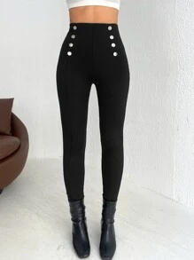 RueChic Button Detail High Waist Leggings - Black - View 5