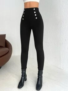 RueChic Button Detail High Waist Leggings - Black - View 6