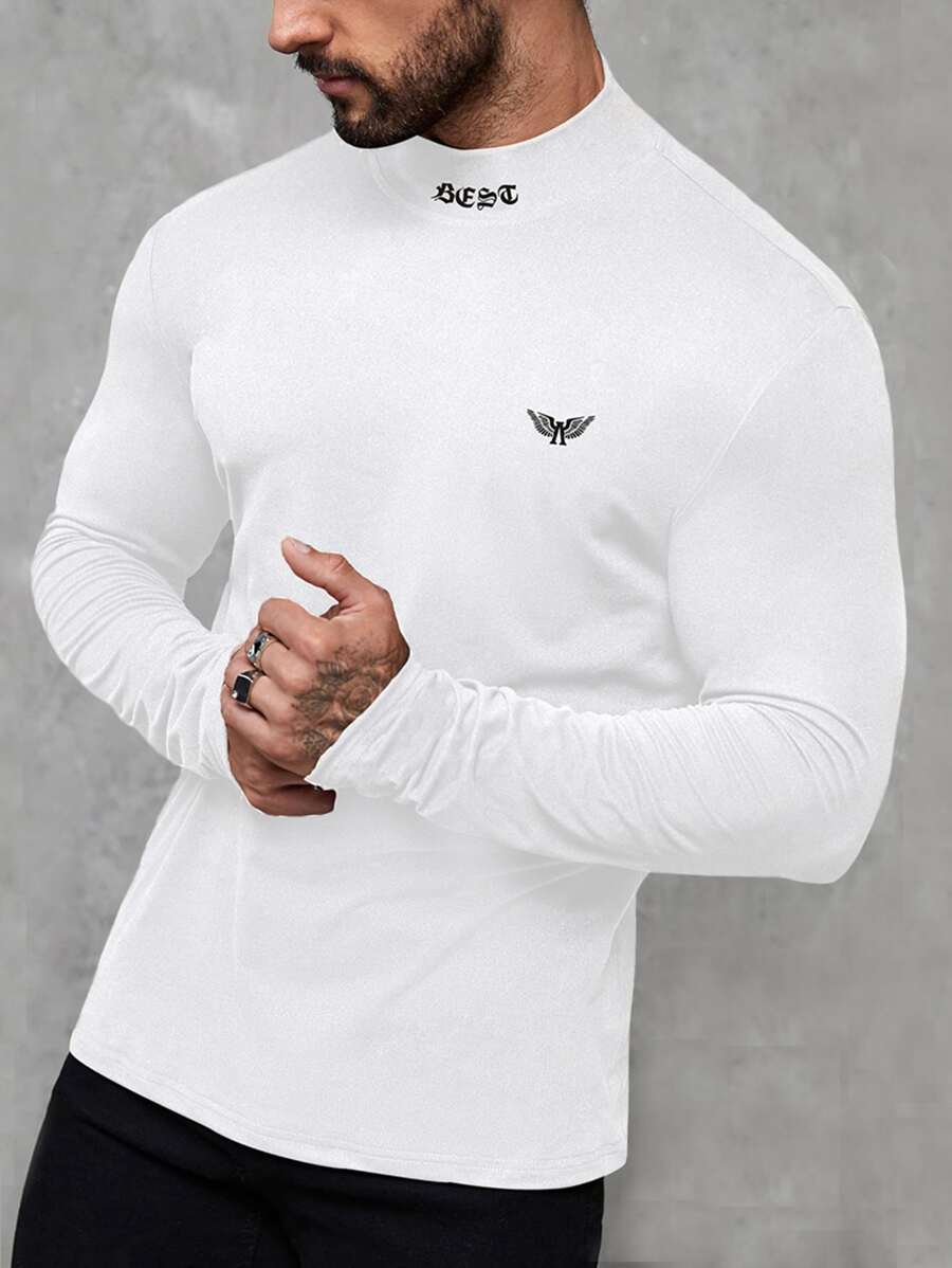 Manfinity 男士字母圖案小高領T恤 - 白色 - 查看 1