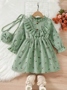 Young Girl Ditsy Floral Print Ruffle Trim Flounce Sleeve Dress With Bag - Green - View 1
