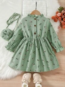 Young Girl Ditsy Floral Print Ruffle Trim Flounce Sleeve Dress With Bag - Green - View 2