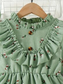 Young Girl Ditsy Floral Print Ruffle Trim Flounce Sleeve Dress With Bag - Green - View 4
