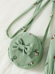 Young Girl Ditsy Floral Print Ruffle Trim Flounce Sleeve Dress With Bag - Green - View 5