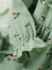 Young Girl Ditsy Floral Print Ruffle Trim Flounce Sleeve Dress With Bag - Green - View 6