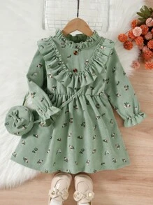 Young Girl Ditsy Floral Print Ruffle Trim Flounce Sleeve Dress With Bag - Green - View 7