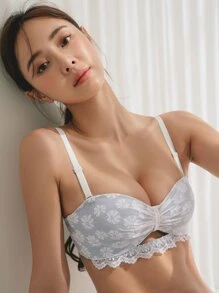 DAZY Floral Lace Cut-out Lingerie Set - Blue and White - View 7