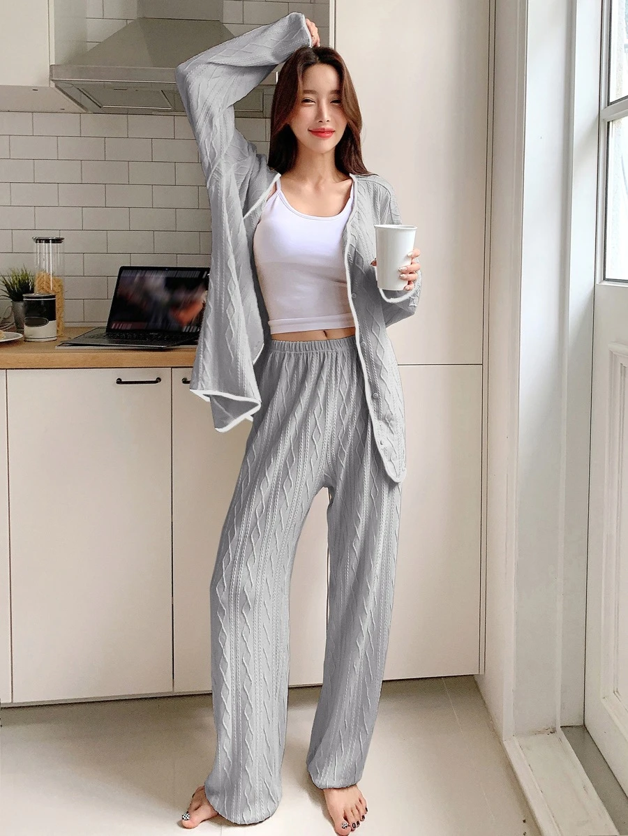 DAZY Conjunto de pijama con textura ribete unido - Gris - Ver 1