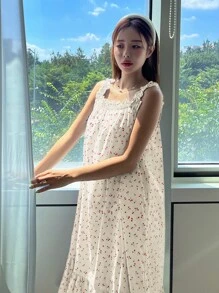 DAZY 全身樱桃印花荷叶边吊带睡裙睡衣 - 米色 - 查看 5