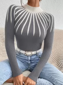 Mulvari 撞色高领针织套头衫秋冬毛衣 - 灰色 - 查看 1