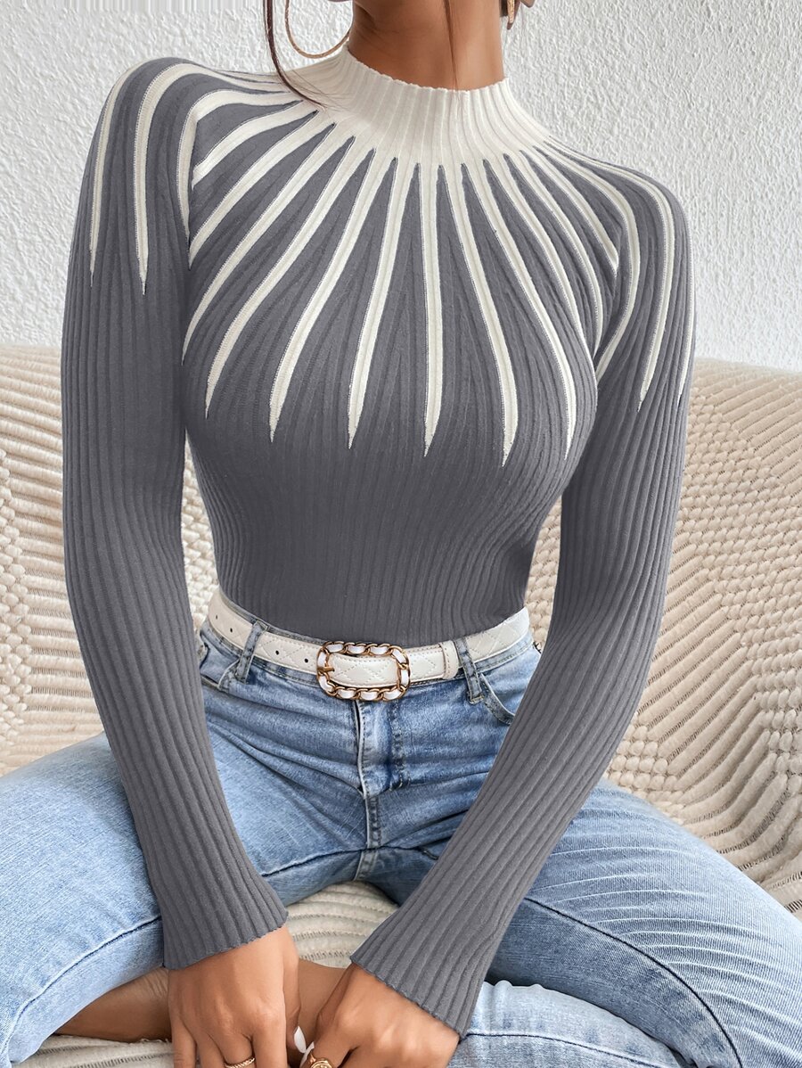 Mulvari 撞色高领针织套头衫秋冬毛衣 - 灰色 - 查看 1