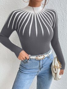 Mulvari 撞色高领针织套头衫秋冬毛衣 - 灰色 - 查看 3