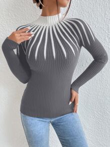 Mulvari 撞色高领针织套头衫秋冬毛衣 - 灰色 - 查看 4