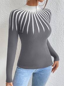 Mulvari 撞色高领针织套头衫秋冬毛衣 - 灰色 - 查看 5