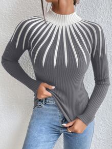 Mulvari 撞色高领针织套头衫秋冬毛衣 - 灰色 - 查看 6