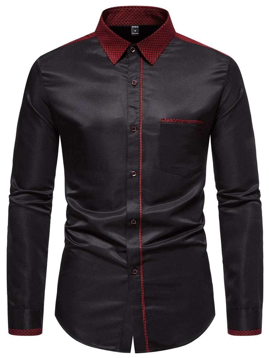 Manfinity Mode Men Contrast Trim Button Up Shirt - Black - View 1