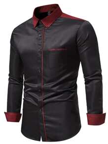 Manfinity Mode Men Contrast Trim Button Up Shirt - Black - View 3
