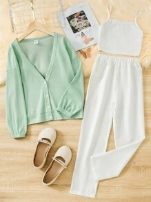 SHEIN Girls Cami Top & Trousers & Drop Shoulder Coat - Multicolor - View 1