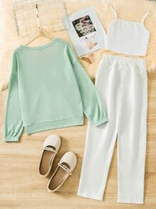 SHEIN Girls Cami Top & Trousers & Drop Shoulder Coat - Multicolor - View 2