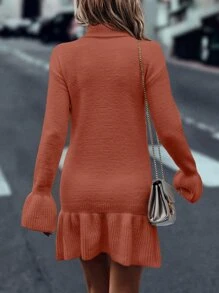 SHEIN Unity Turtleneck Flounce Cuff Ruffle Hem Jumper Dress - Rust Brown - View 2