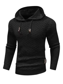 Manfinity Homme 男士纹理抽绳连帽毛衣，男士毛衣连帽衫，男士连帽衫，男士纹理针织连帽衫，秋冬 - 黑色 - 查看 1
