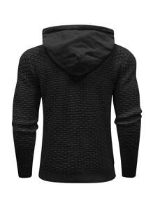 Manfinity Homme 男士纹理抽绳连帽毛衣，男士毛衣连帽衫，男士连帽衫，男士纹理针织连帽衫，秋冬 - 黑色 - 查看 2