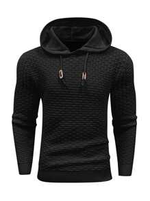 Manfinity Homme 男士纹理抽绳连帽毛衣，男士毛衣连帽衫，男士连帽衫，男士纹理针织连帽衫，秋冬 - 黑色 - 查看 3