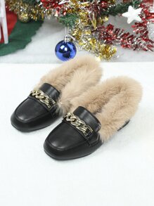 Niñas Mocasines planos con diseño de cadena en contraste mullido - Negro - Ver 1